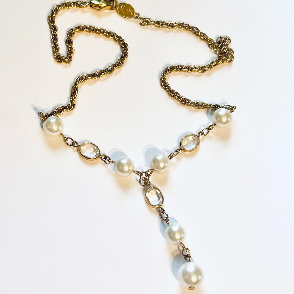 Vintage Napier Faux Pearl and Clear Stone Y-Drop Necklace - Gold Tone